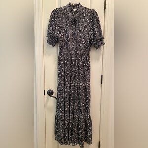 Max Studio Black & ivory maxi dress ruffle neck & puff sleeves w stretch waist